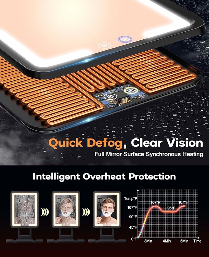 Shower Mirror Fogless for Shaving 7x9in Heated Anti Fog Mirror 3 Color Dimmable Lighted Mirror Rechargeable with Storage Tray Razor Holders 360° Rotatable Black Fog Free Bathroom Mirror for Men
