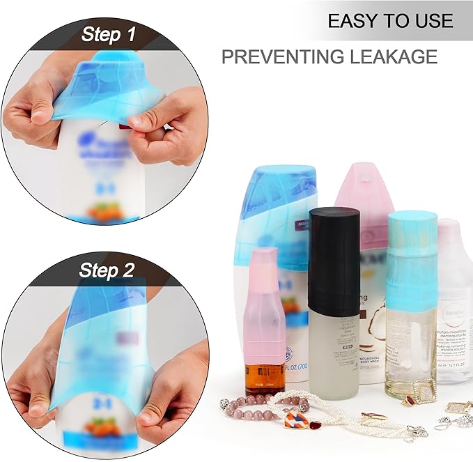 Travel Hanging Toiletry Bag for Women and Men, with 8 Leak Proofing Silicone Bottle Covers, Waterproof Makeup Accessories, Cosmetic Essentials, Cruise Ship Toiletries Bag with Jewelry Organizer, Pink