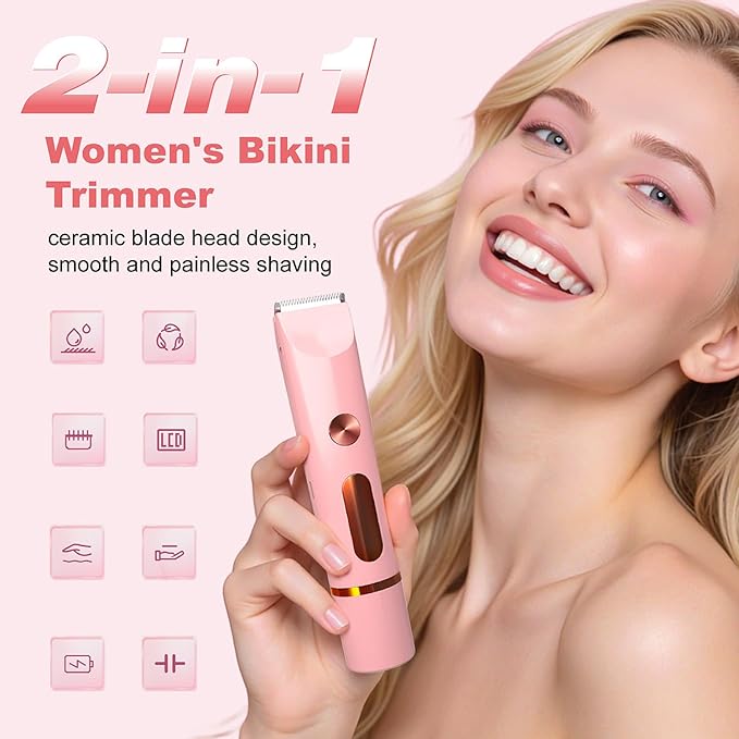 Bikini Trimmer for Women, Electric Razors for Women, Shaver With LCD Display, 2 in 1 Dual-Head Bikini Shaver, Rechargeable Razors, for Bikini Line Legs Underarms and Private Parts,Dry/Wet(Pink)
