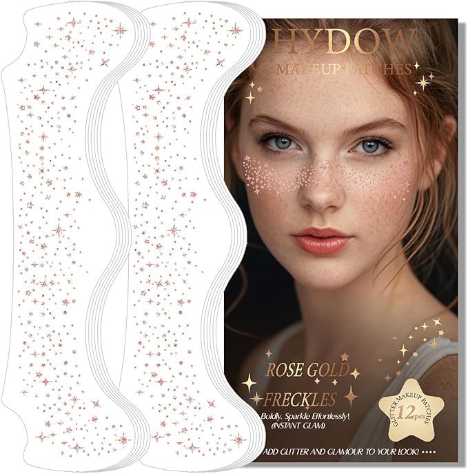 Glitter Freckles, Holographic Face and Body Glitter Tattoo Sparkle for Women Gold Glow Cosmetic Star Makeup Accessories for Festival Rave (12pcs Rosegold)