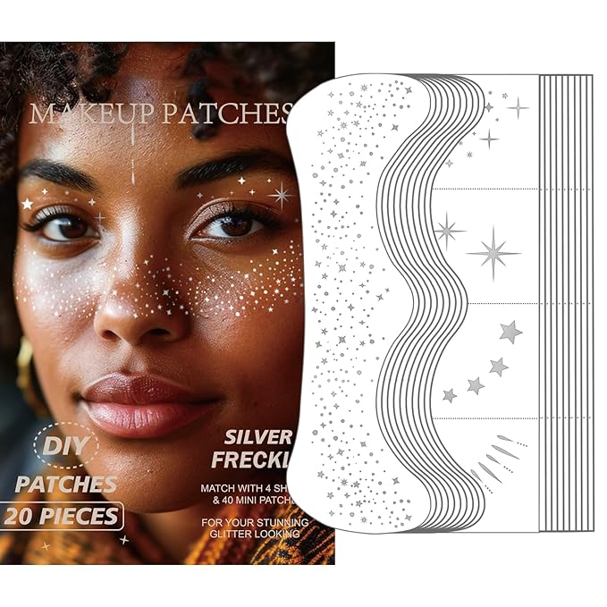 20 Pcs Silver Face Makeup Patches, Glitter Freckles Face Tattoo, Sparkle Makeup Patches, Glitter Freckles,Waterproof Face Glitter Speckles Patches for Women (Silver)