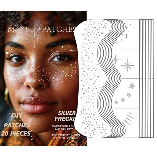 20 Pcs Silver Face Makeup Patches, Glitter Freckles Face Tattoo, Sparkle Makeup Patches, Glitter Freckles,Waterproof Face Glitter Speckles Patches for Women (Silver)