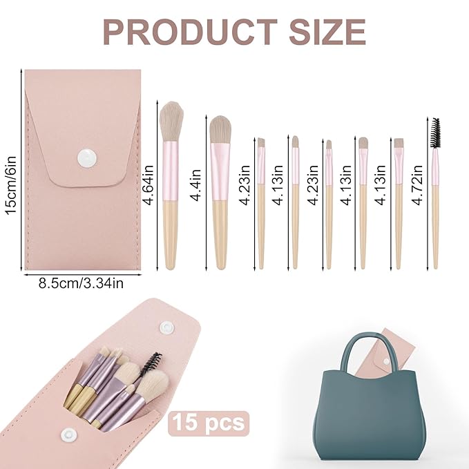 15 Sets Travel Size Makeup Brushes Set Mini Face Make up Brushes Brushes Bag for Makeup Party Favors Wedding Bridal Shower Favors Bridesmaid Gift Bachelorette Party Gift (lvory Beige, 15pc)
