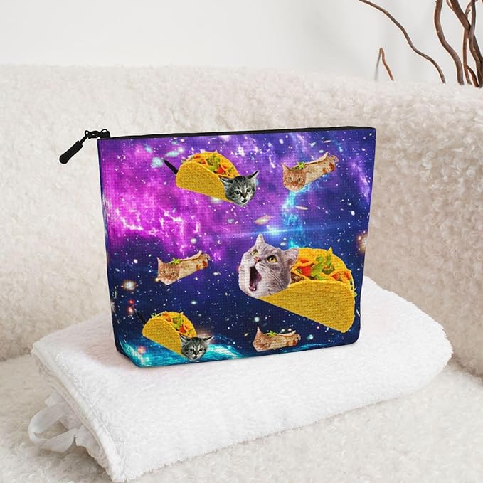 MOLAIGIN Blue Purple Galaxy Cat Taco Cosmetic Bag For Women, Travel Makeup Bag, Toiletry Zipper Bag, Large Capacity Aesthetic Cases