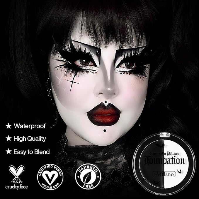 Halloween Black White Face Paint, Goth White Foundation Makeup Cream To Powder Greasepaint, Emo Gothic Clown Cosplay Face Painting Full Coverage, Eye Black Body Paint SFX Cary Skeleton Zombie Costume