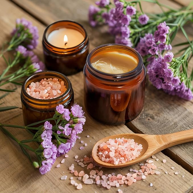 4 oz Amber Glass Jars with Lids - 32 Pack Brown Leakproof Cosmetic Containers with Inner Liners, Wide-Round Smooth Mouth, Sealable for Creams, Essential Oils, Body Butter, Travel Samples