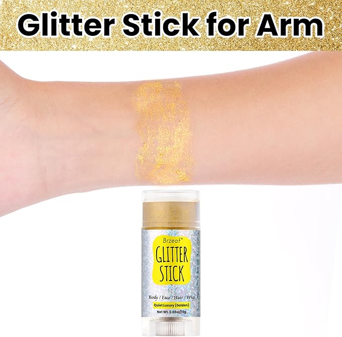 Brzeaf Waterproof Golden Glitter Stick, Halloween Glitter Makeup, Shimmery & Long Lasting, Chunky Glitter for Face/Body/Hair/Eyes/Lip, Singer Concert Music Halloween Christmas Rave Festival
