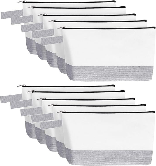 10 Pieces Cotton Canvas Makeup Bag with Bottom and Strap, Multi-Purpose Cosmetic Bag with Zipper Travel Toiletry Pouch, Blank DIY Craft Bag (White&Grey, S)