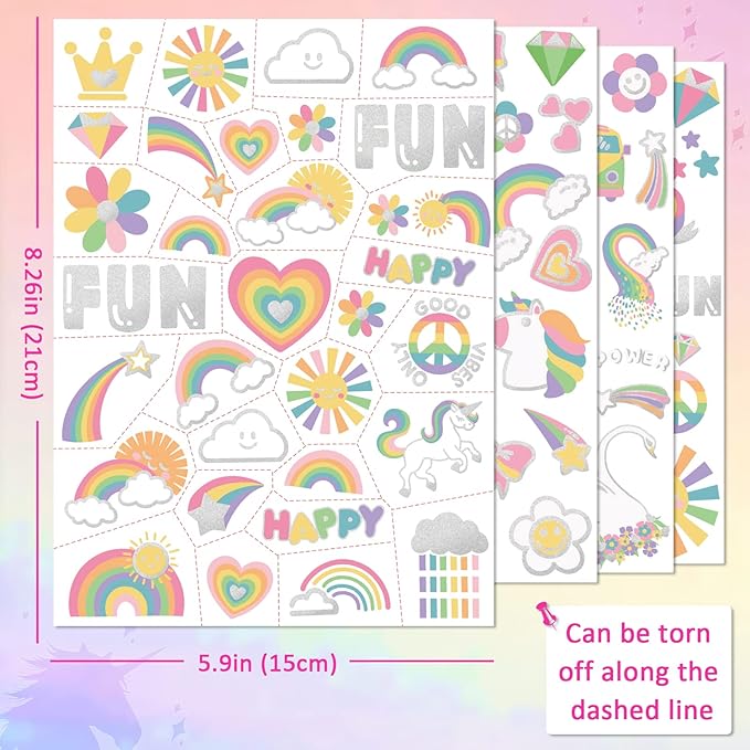 118 PCS Kids Tattoos Temporary for Girls, Unicorn Rainbow Crown Glitter Tattoos, Girls Unicorn Party Decorations Kids Birthday Party Favor Supplies Princess Tattoos Stickers