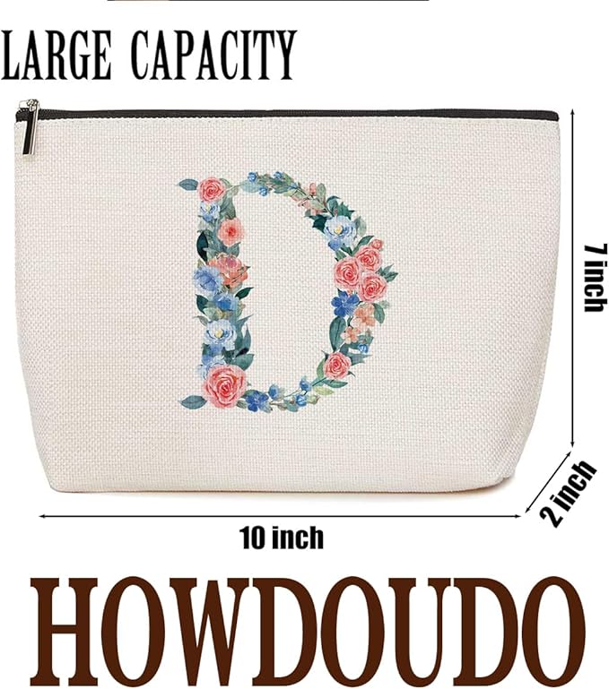 Initial Makeup Bag Monogrammed Travel Toiletry Bag Monogram Cosmetic Bag Birthday Christmas Bridal Shower Bridesmaid Gifts Personalized Gifts for Women Bride Teacher Daughter, Floral Letter D