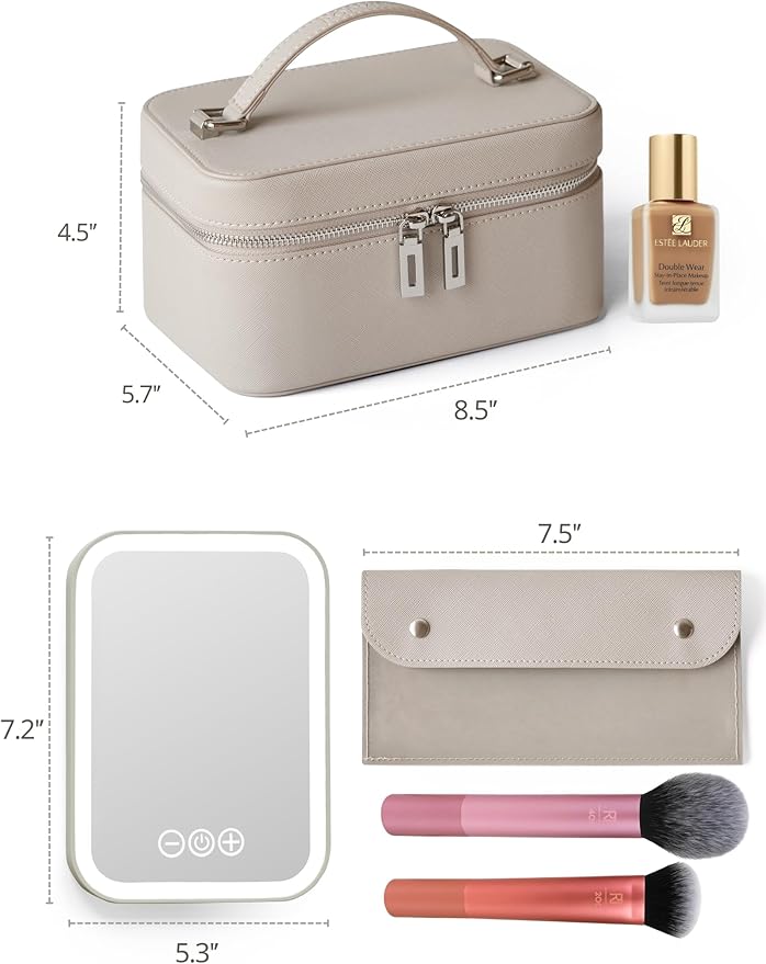 Popvibe Travel Makeup Case with Mirror and Light Up Vanity Case Make Up Bag Set with Brush Holder Srorage, Leather Cosmetic Case Compact Luxury Small Train Case with Handle, Portable Makeup Box Cute