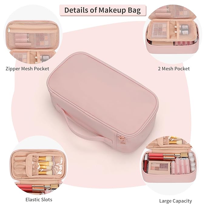 OCHEAL Small Makeup Bag,Portable Cute Travel Makeup Bag Pouch for Women Girls Makeup Brush Organizer Cosmetics Bags with Compartment-Pink