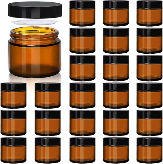 Amber 2oz Glass Jars with Lids - 24 Pack Leakproof Small Cosmetic Containers with Inner Liners, Wide-Round Smooth Mouth, Sealable for Creams, Lotions, Essential Oils, Body Butter, Travel Samples