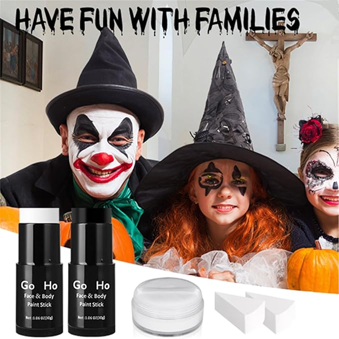 Go Ho White and Black Face Paint Stick with Setting Powder,2 PC White Sponges Set,Waterproof Full-coverage Face Body Paint for Halloween Costumes Clown Skeleton Vampire Skull Cosplay Makeup