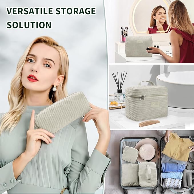 4 Pcs Makeup Bag for Women Corduroy Cosmetic Bag Aesthetic Cute Bags Multi Size Purse Pouch Travel Toiletry Bag Set Makeup Organizer with Zipper(Beige)