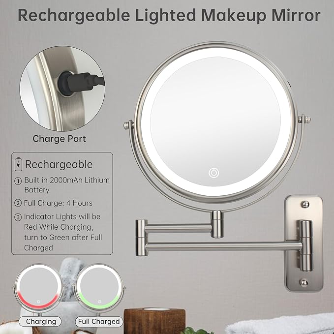 JANEEVA 8" Wall Mounted Lighted Makeup Mirror,Rechargeable Double Sided 1X/10X Magnifying Mirror with 3 Color Lights,Touch Dimmable Bathroom Vanity Mirror with 360°Swivel Extendable Arm Brushed Nickel