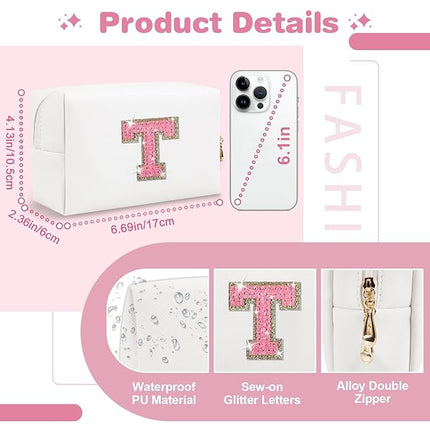 Small Initial Patch Makeup Bag Personalized Gifts Make Up Bag,White Cute PU Leather Glitter Letter Cosmetic Bag with Zipper,Trendy Portable Travel Toiletry Pouch,Preppy Stuff for Teen Girls Women T