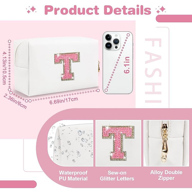 Small Initial Patch Makeup Bag Personalized Gifts Make Up Bag,White Cute PU Leather Glitter Letter Cosmetic Bag with Zipper,Trendy Portable Travel Toiletry Pouch,Preppy Stuff for Teen Girls Women T