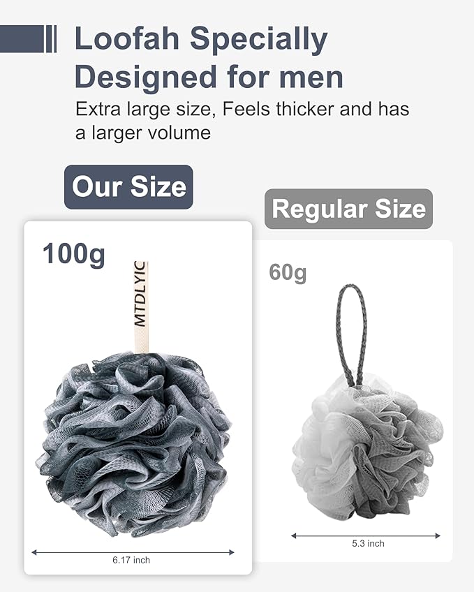 Loofah Sponge, XXL Large Loofah 100g 4 Pack, Bath Sponge Soft Mesh Shower Loofah for Men, Body Scrub, Shower Pouf Bath Accessories, for Body Wash, Soap (Blue Gray)