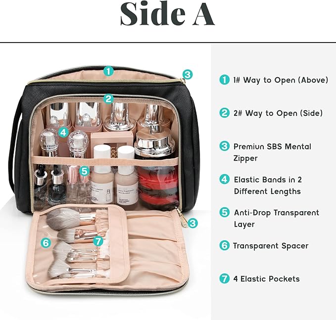 CUBETASTIC Large Makeup Bag - Black Faux Leather Travel Makeup Pouch, Waterproof Cosmetic Bag Organizer for Women, Toiletry Bag for Travel, Portable Make Up Case (Black, Large（Pack of 1）)