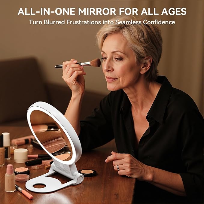 1X/20X Magnifying Mirror with Light, Double Sided Makeup Mirror with Adjustable 3 Color Light, 2000mAh Rechargeable Lighted Magnifying Mirrors with Tweezer, Foldable Travel Mirror with Rotation