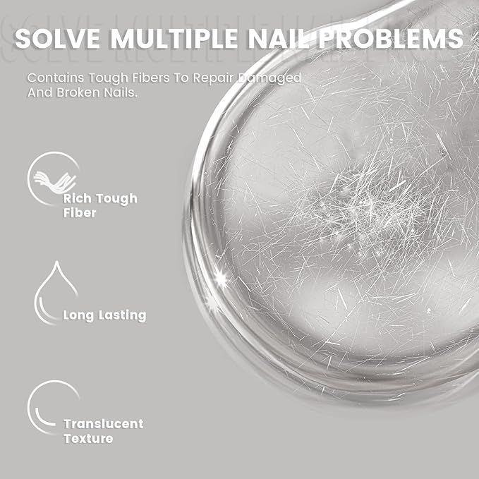 RARJSM Clear Glass Fiber Nail Repair Gel Polish for Broken Damaged Nails Strengthener Gel Base Coat Transparent Building Glass Extension Gelpolish Soak Off UV LED Curing Requires Salon Home 8ml