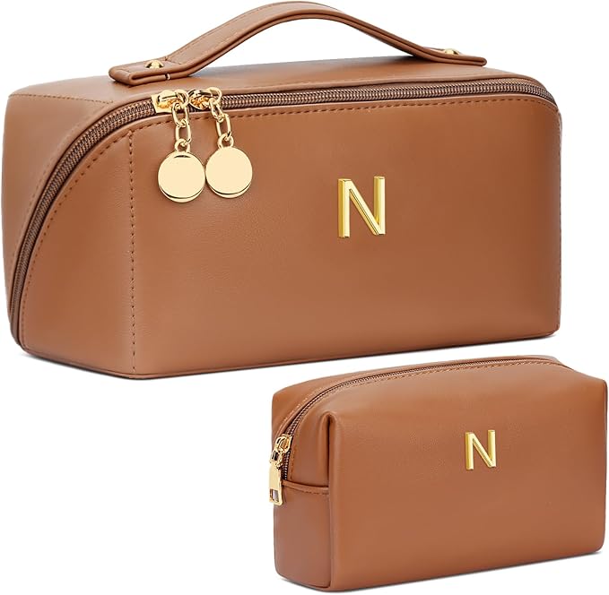 Birthday Gifts for Women Teen Girl, Personalized Initial Makeup Organizer Bag Set, Open Flat Travel Cosmetic Bag With Clear Divider and Handle(Brown,N)