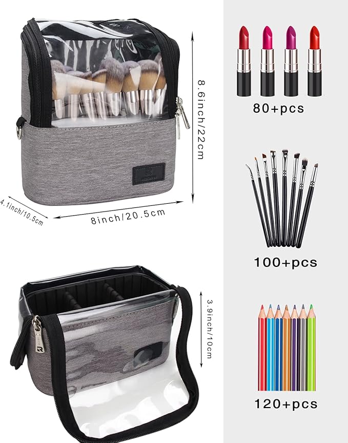 Makeup Brush Case Makeup Brush Holder Travel Makeup Bag for Women Stand-up Brush Cosmetic Bags Professional Makeup Artist Storage Organizer with Shoulder Starp and Adjustable Dividers