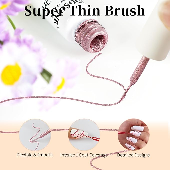 JODSONE Nail Art Gel Liner Set 10 Colors Glitter Red Black Pink Gel Nail polish Need U V Lamp Cured with Thin Brush at Home Salon Design