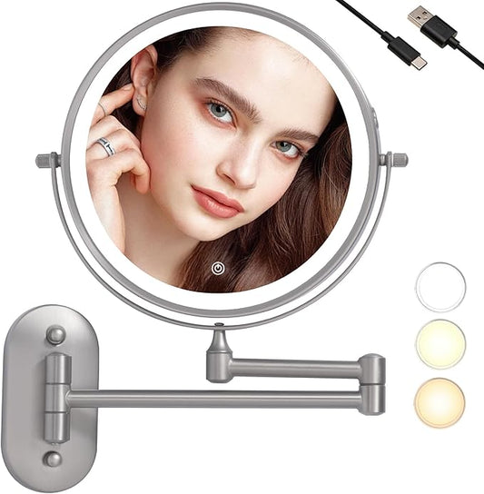 Rechargeable Wall Mounted Lighted Makeup Vanity Mirror with 10X/1X Magnification for Shaving, 8Inch Brushed Nickel Magnifying Mirror Makeup Wall Mounted with Light,13 Inch Extendable (8CB-N10X)