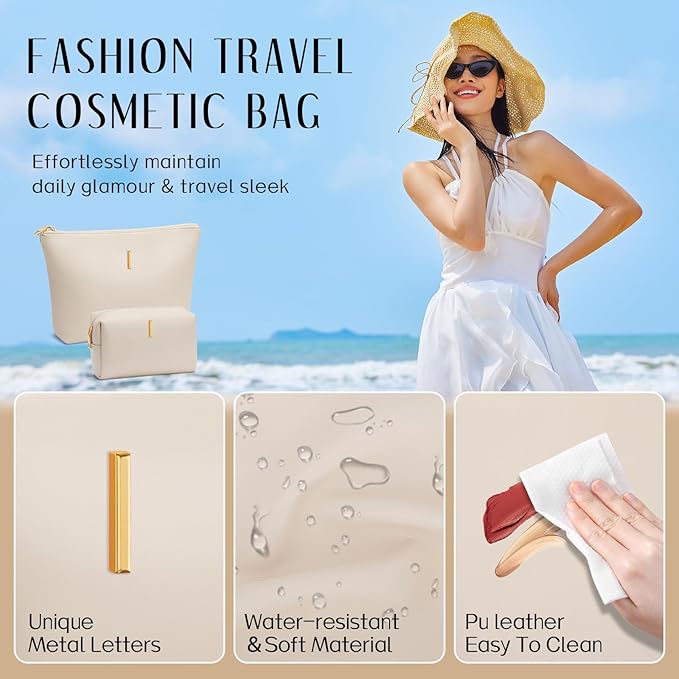 Women Gifts | Initial Makeup Bag Set for Girl Personalized Gifts for Bridesmaid Friend Graduation Teachers PU Leather Cosmetic Travel Toiletry Bag(Beige,I)