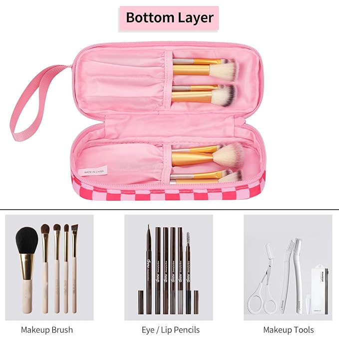 Ethereal Small Travel Makeup Bag, Checker Pink Make up Organizer Bag with Makeup Brush Holder, Portable Cosmetic Bag for Women/Girls