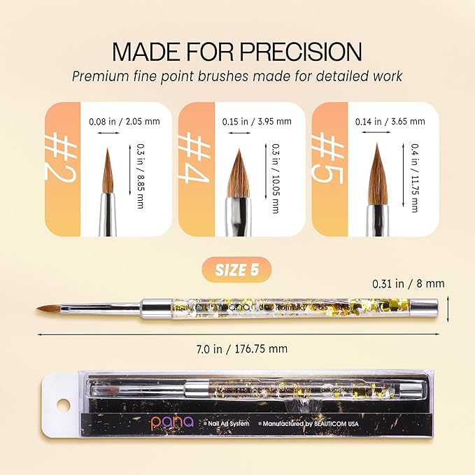 PANA Kolinsky 3D Acrylic Nail Brushes with Liquid Glitter Handle - For Professional Acrylic Powder Liquid Manicure Pedicure (Gold Color, Size #5)