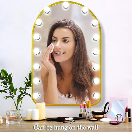 THEKLA Gold Arch Hollywood Vanity Mirror with Lights for Makeup Desk Table Wall Detachable Base Stand X10 Magnifying Dimmable 3 Color Lights 15 Bulbs Gold Arch Hollywood Lighted Vanity Makeup Mirror