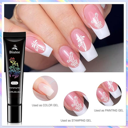 Biutee Nail Stamper Kit 12Pcs Nail Art Stamping Plate 8 Colors Stamp Polish Gel with Top Coat and Base Coat Set Silicone Stamper Scraper, Nail Stamp Plates Love Flower Butterfly Leaf Valentine Design