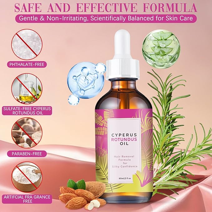 2Pcs Cyperus Rotundus Oil, 60ML Natural Cyperus Rotundus Oil for Hair Removal, Moisturizing & Soothing CyprusOil for Reducing Body Hair Growth, Hair Removal for All Skin Types