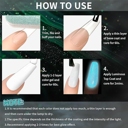 U-Shinein Glow In The Dark Gel Polish - Glitter Luminous Blue Nail Gel Top Coat with Fine glitter decoration No Wipe Long-lasting Transparent Glow UV LED Needed, Perfect for Any Festival Halloween