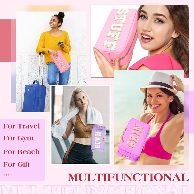 Cunno 4 Pcs Preppy Makeup Bags Chenille Letter Stuff Bag Nylon Cosmetic Pouch Cases with Zipper for Women Travel Toiletry