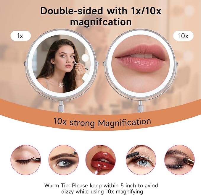 1X/10X Magnifying Makeup Mirror with Lights - 8" Dual-Sided Vanity Mirror with 3 Color Lights for Women's Travel Cosmetic Mirror & Gift | 3000 mAh-USB Rechargeable | 360° Rotation | Adjustable Height