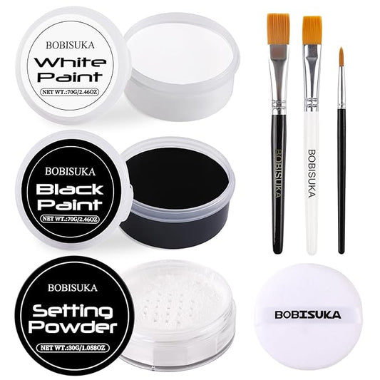 BOBISUKA Black & White Face Body Paint + Setting Powder + 3PCS Artist Brushes Face Painting Kit for Adult Large Capacity Professional Oil Based Cream Paints Palette For Halloween Clown Skeleton Vampir