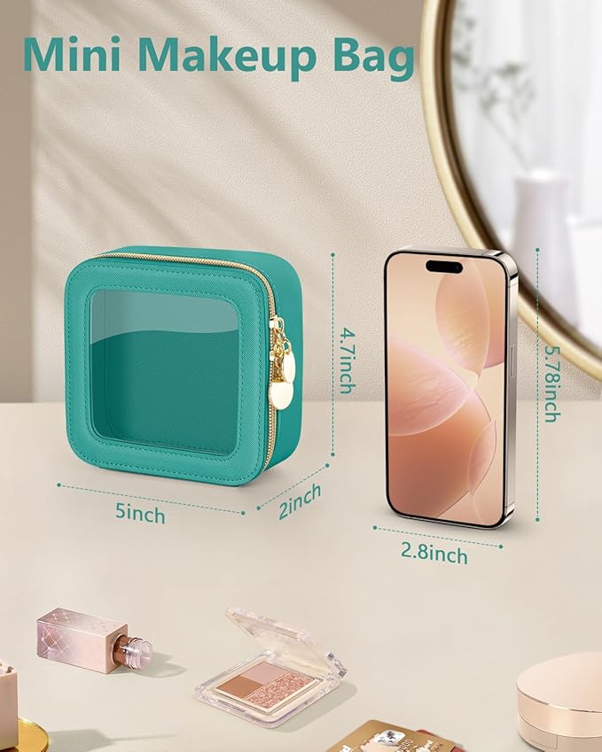 Mini Makeup Bag, Small Makeup Bag for Purse, Waterproof Clear Makeup bag, Leather Cosmetic Bag, Square Make Up Bag Pouch, Toiletry Bag for Travel, Car and Women, Green