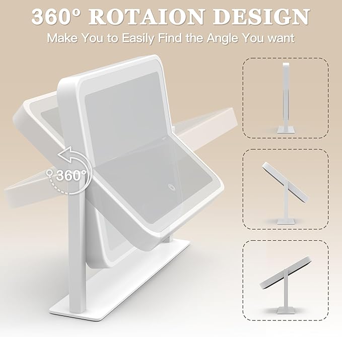 Vanity Mirror with Lights, 14"×12" LED Makeup Mirror, Lighted Makeup Mirror with Lights, Smart Touch Control 3 Colors Dimmable, Lighted Up Mirror for Makeup Desk, Bedroom, 360° Rotation