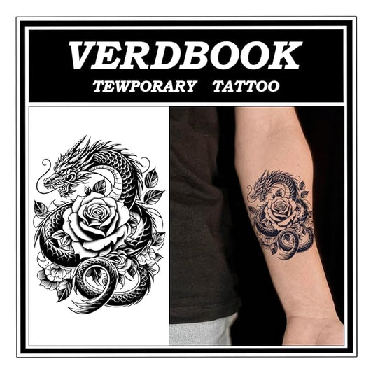 Waterproof Temporary Tattoos: 2-Sheet Tattoo Kit with Realistic Body Stickers, Semi-Permanent Tattoos for Adults Lasting 7-15 Days – Safe for Men & Women, Dragon & Rose Pattern