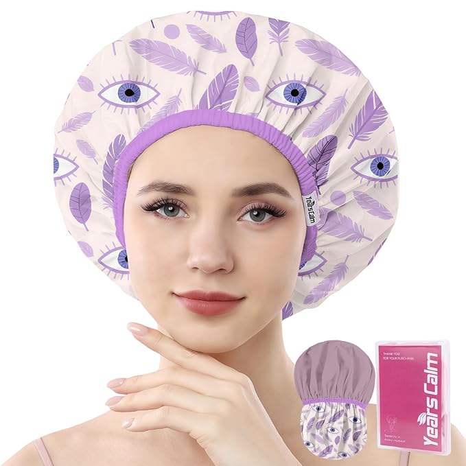 Years Calm Evil Eye Shower Caps for Women Reusable Waterproof, Pattern and Solid Color Dual-Layer Design, Hair Cap for Shower with Elastic Band, Fits Braids, Dreadlocks & Long Hair (Purple)
