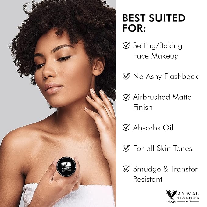Sacha BUTTERCUP Mini Setting Powder. No Ashy Flashback. Blurs Fine Lines and Pores. Loose, Translucent Face Powder to Set Makeup Foundation or Concealer. For Medium to Dark Skin Tones, 0.35 oz.
