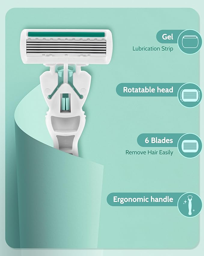 Razors for Women Sensitive Skin, 6 Blades Women’s razors for Shaving Including 2 Travel Razors for Women with 15 Blade Refills, Green