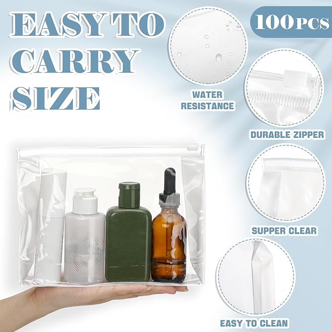 Xuniea 100 Pcs Mini Clear Makeup Bag PVC Small Travel Toiletry Organizer Pouches Bulk Waterproof Transparent Plastic Cosmetic Bag with Zipper for Women Men Travel (11'',9.8'',7.9'',5.9'')