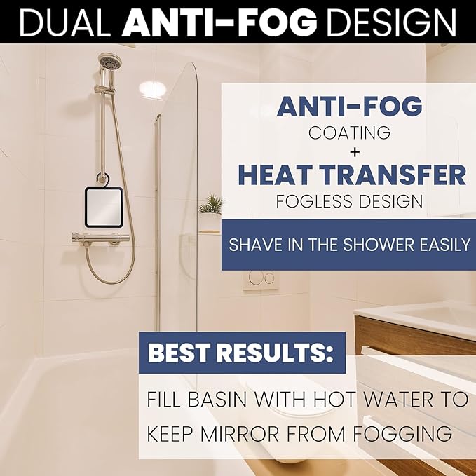 MIRRORVANA Dual Anti Fog Shower Mirror for Shaving with Hook for Hanging and Fogless Shatterproof Surface - Fill Back Chamber/Reservoir with Hot Water for Fog Free Shave (8" x 7", Black)