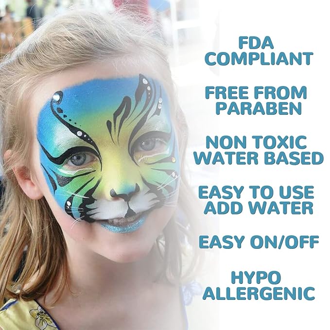 Face Paint Kit, Painting Palette with Brushes Body Paint Face Makeup Safe and Easy to Clean for Halloween Carnivals Cosplay Party Stage Performances (15 Colors+12 Brushes+6 Stickers)