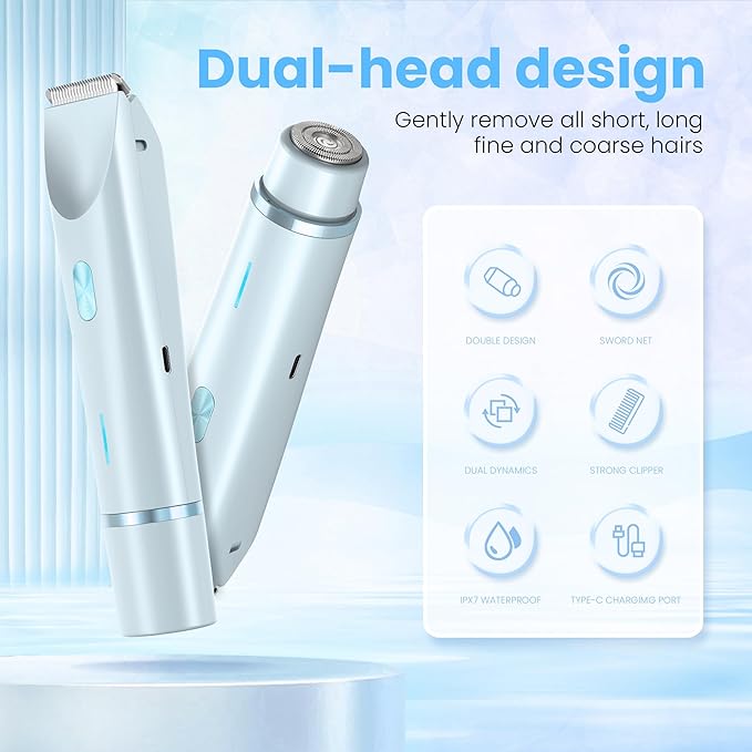 Bikini Trimmer for Women-2 in 1 Dual Head Electric Razors,USB Rechargeable Bikini Electric Shaver,IPX7 Waterproof Dry & Wet Use Body Hair Trimmer and Facial Hair Remover for Underarm Leg Body,Blue